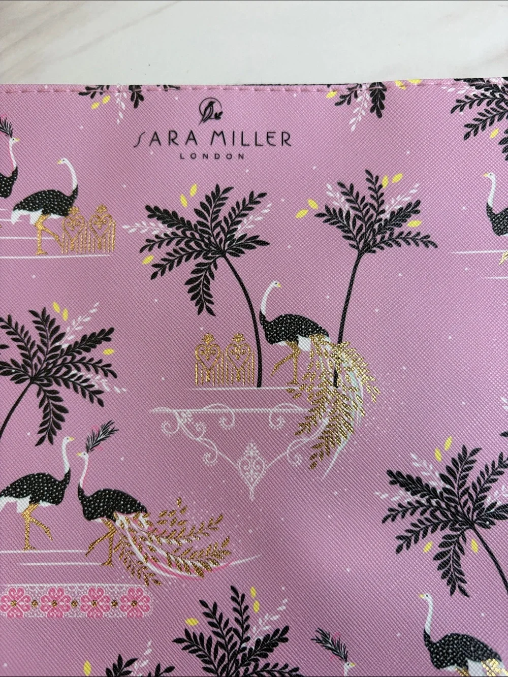 NWT Sara Miller Ostrich & Palms pink & gold large zipper pouch- preppy beach